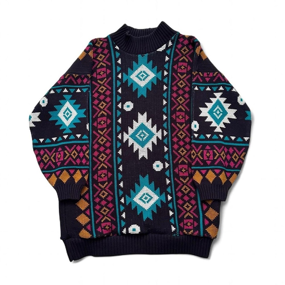 Vintage 1990s Native American Navy Geometric Pattern Knit Sweater - Multicolor L